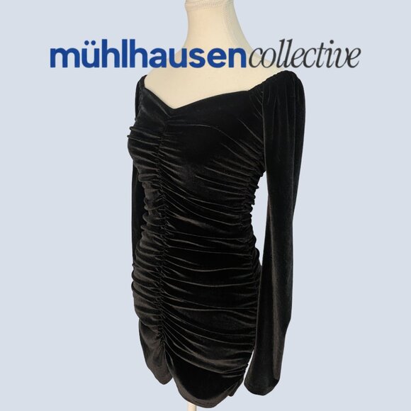 SHEIN Black Velvet Ruched Mini Dress Off Shoulder Long Sleeve Size S - Picture 2 of 4